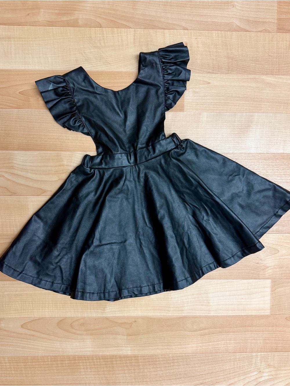 Girls Black Faux Leather Ruffle Pinafore Dress Size 110